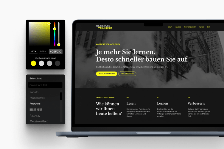 Akademie im eigenen Design mit Farb- und Schriftauswahl