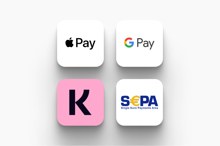 Moyens de paiement disponibles : Apple Pay, Google Pay, Klarna et prélèvement SEPA