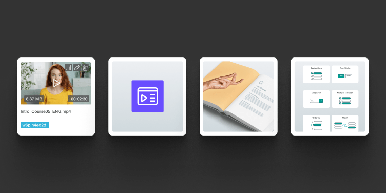 An image featuring four blocks of interactive learning elements in front of a black background.