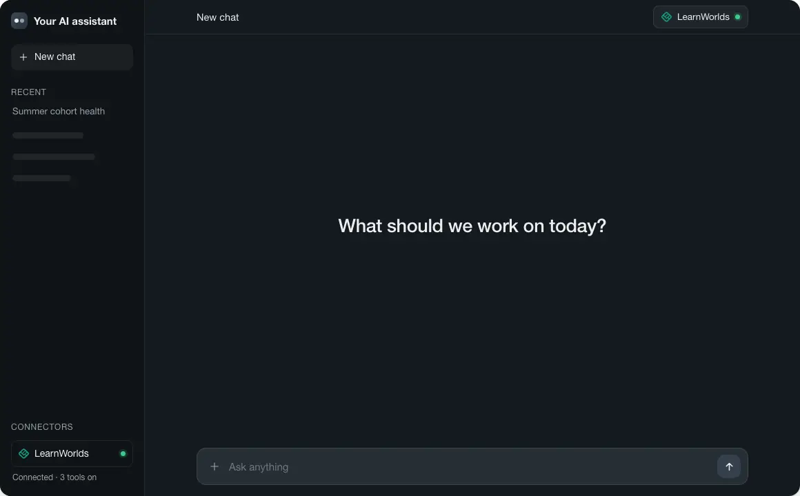 LearnWorlds MCP: the AI assistant proposes a plan for stalled learners, then creates the tag and the nudge automation.