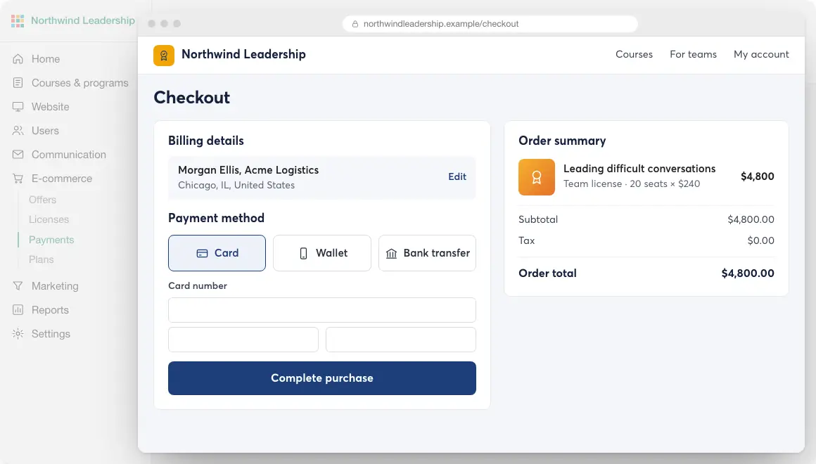 Off-platform payments: a client pays a 20-seat order by bank transfer, the school marks it paid, and access follows.