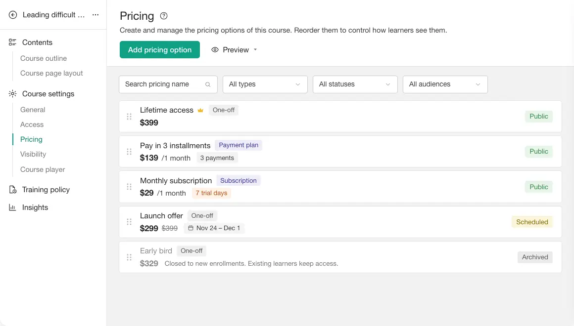 Multiple pricing: one course with several prices side by side, including a client rate only that client's team can see.