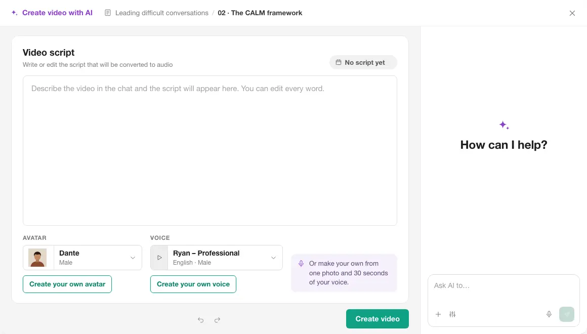 AI video and audio: a 40-second video script written from the course section, shortened, then given an avatar and a voice.