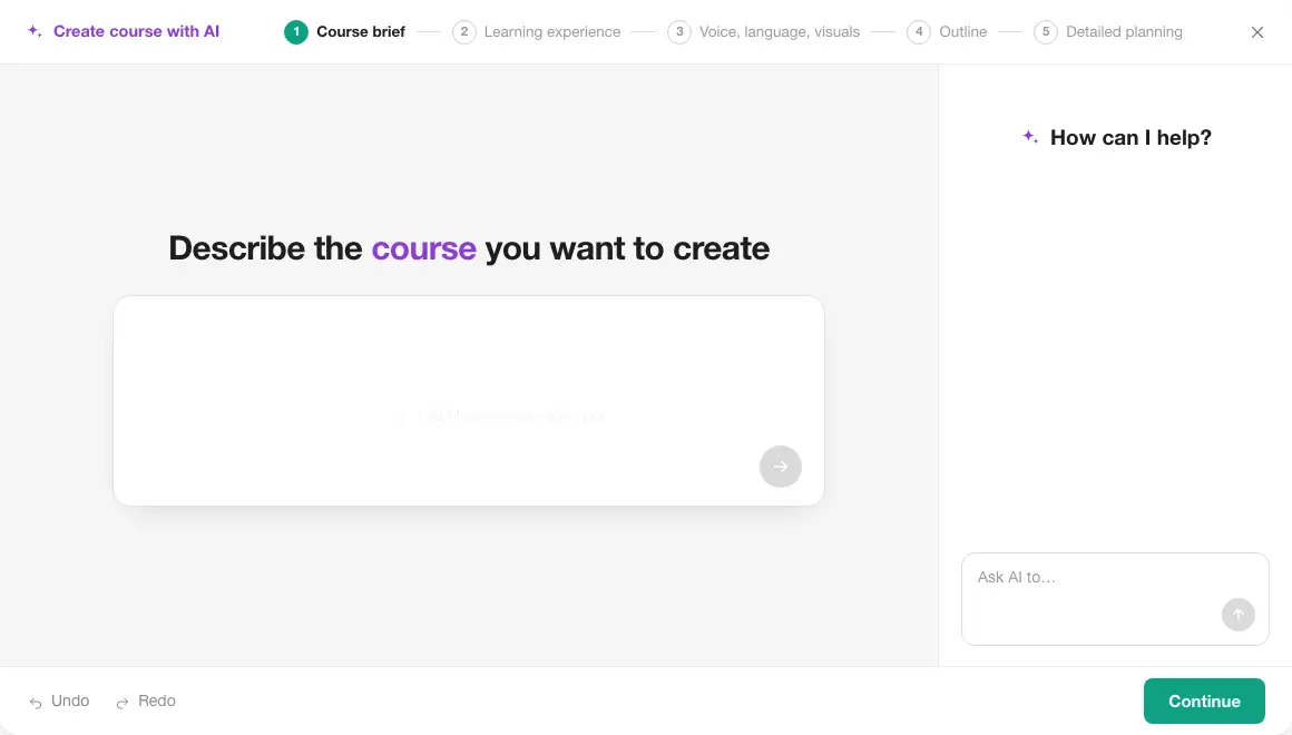 AI course creation: LearnWorlds turns a trainer's description and files into a course brief, then rewrites it from one instruction.
