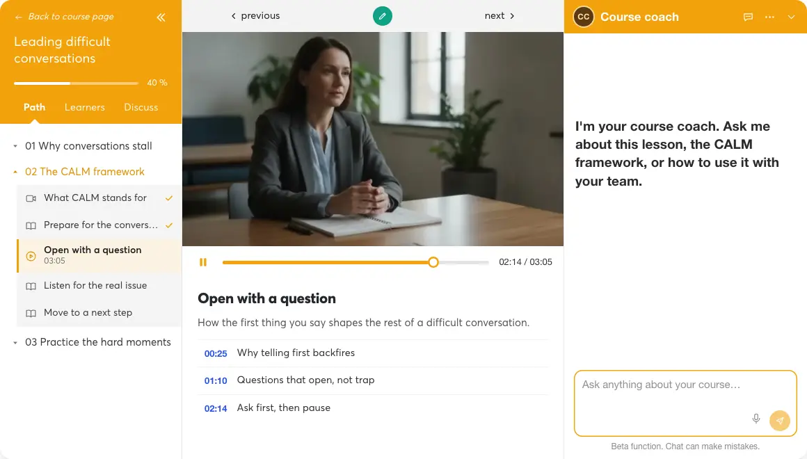 Learner agent: a learner pauses a video lesson to ask the course coach a question, and the request is handed to the instructor.