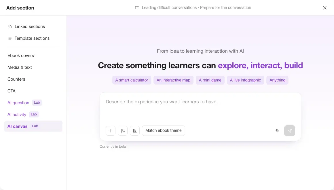 AI canvas: an escape room about a workplace conflict, built inside an ebook from a prompt.