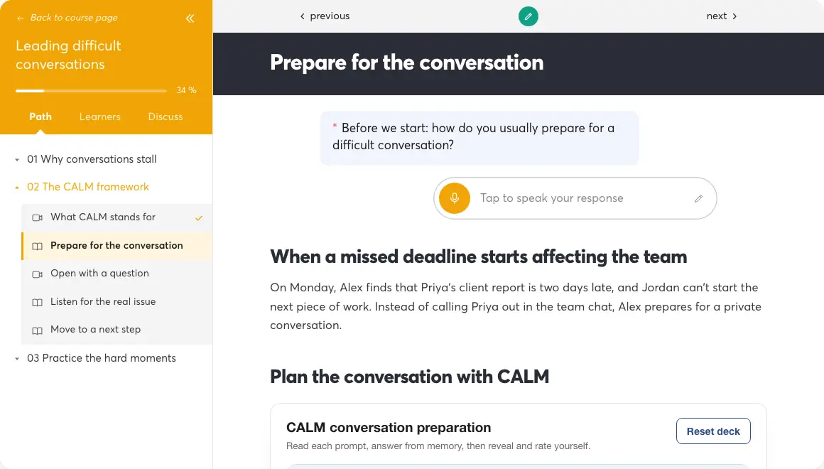 Interactive learning objects: a learner answers an AI question out loud and gets feedback on his reasoning.