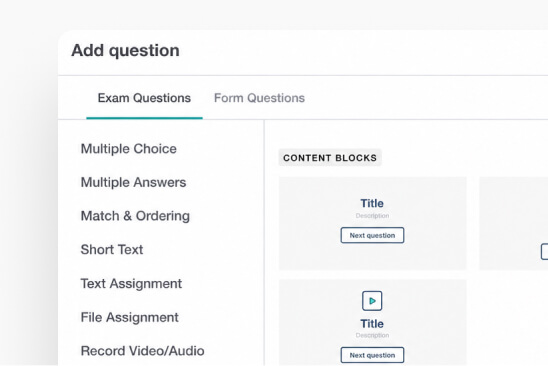 Kreator testów LearnWorlds z różnymi typami pytań egzaminacyjnych.