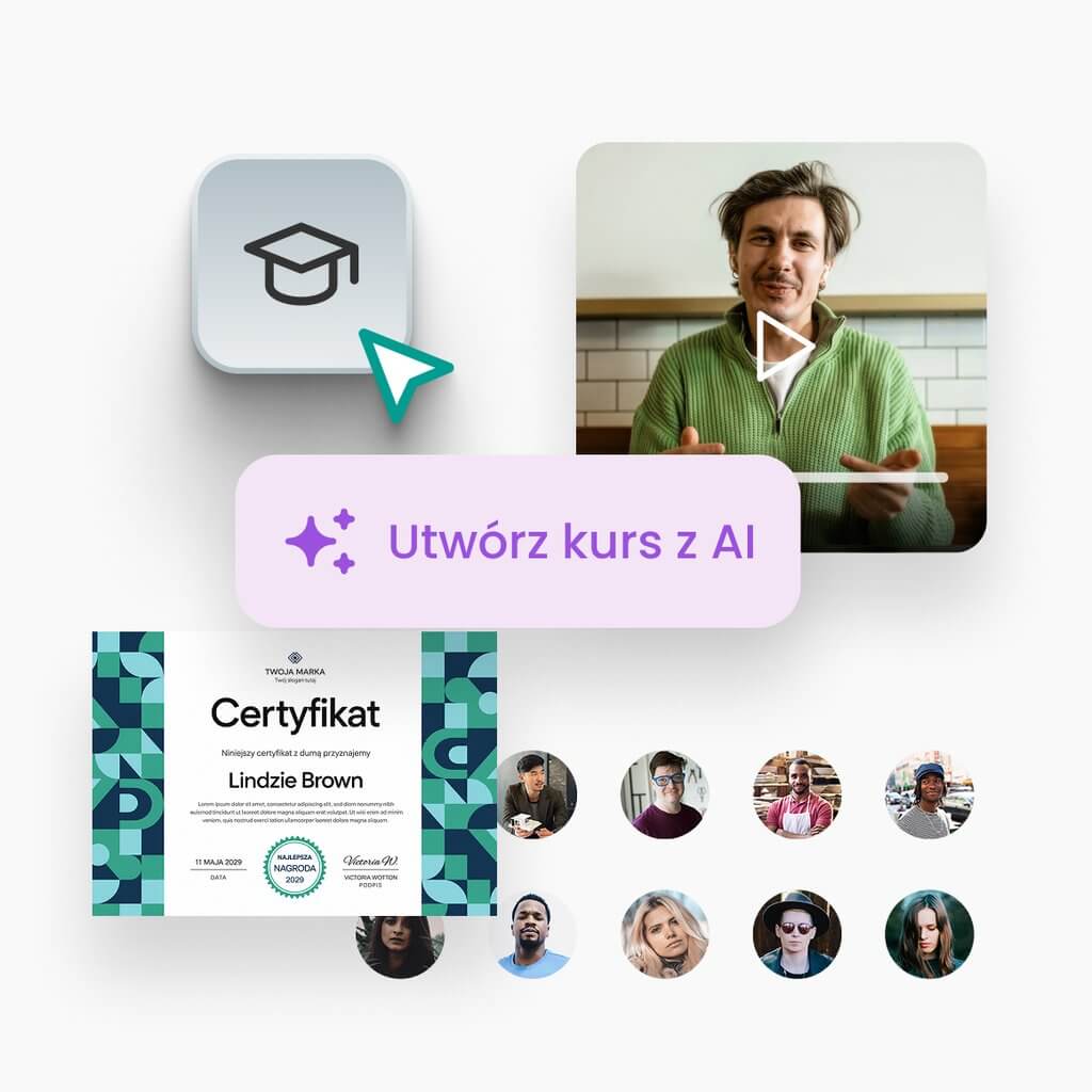 Grafika przedstawiająca tworzenie kursów z AI w LearnWorlds, lekcję wideo, certyfikat oraz profile uczestników szkoleń.
