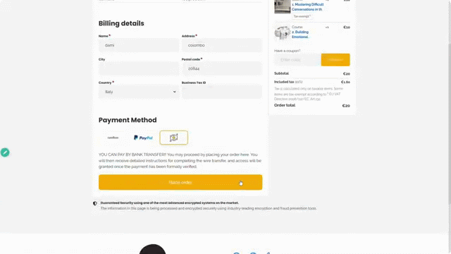 Checkout page with bank transfer selected as the payment method before placing an order.