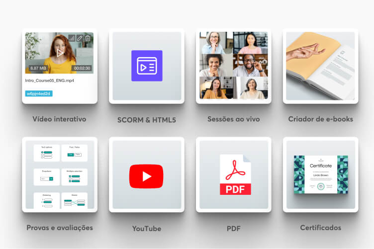 Tipos de conteúdo no criador de cursos, como vídeo interativo, SCORM e sessões ao vivo