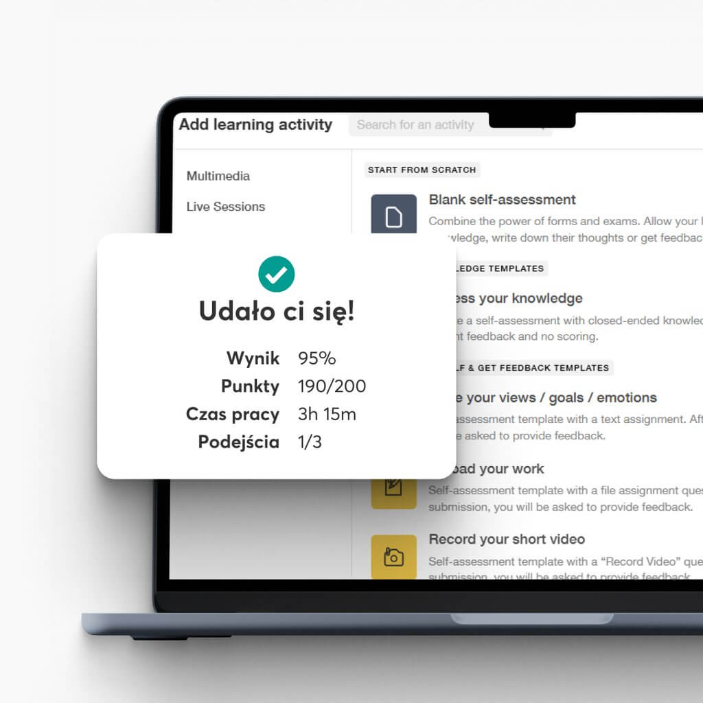 Interfejs LearnWorlds do tworzenia testów online z kartą wyników egzaminu pokazującą wynik 95%, liczbę punktów i czas pracy.