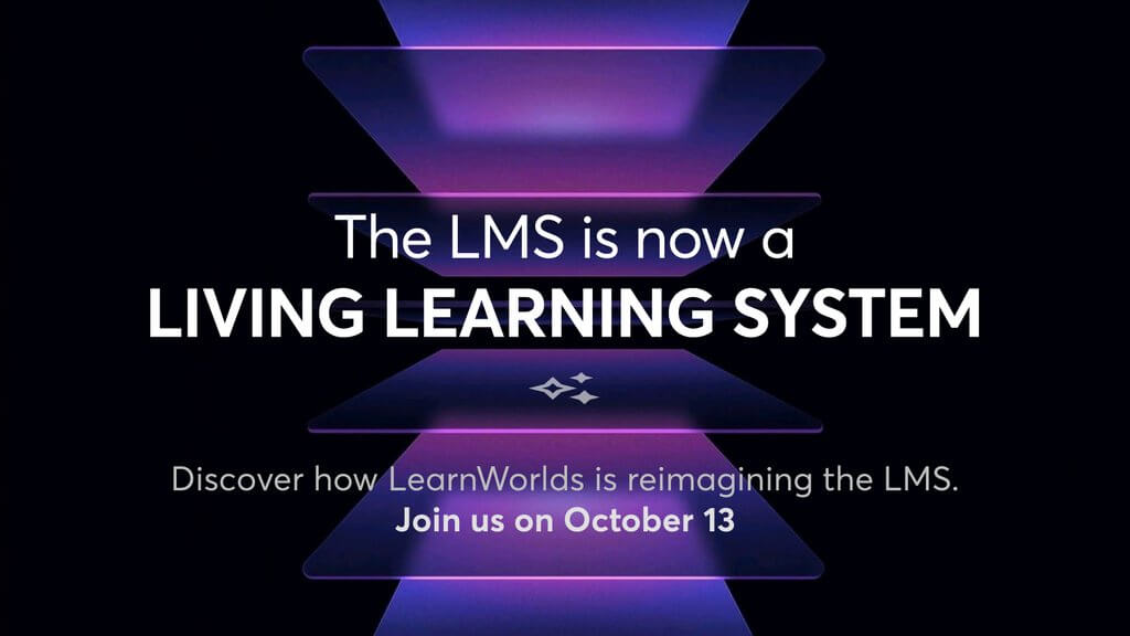 A visual announcing LearnWorlds event on October 13.