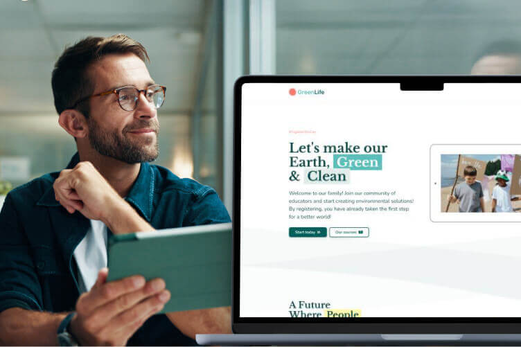 Professional holding a tablet beside an online learning website focused on environmental education and global learning initiatives.