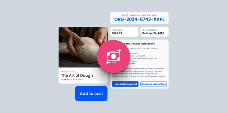 Course checkout with a bank transfer payment option, showing the order ID, amount due, payment deadline, and transfer instructions for “The Art of Dough”.