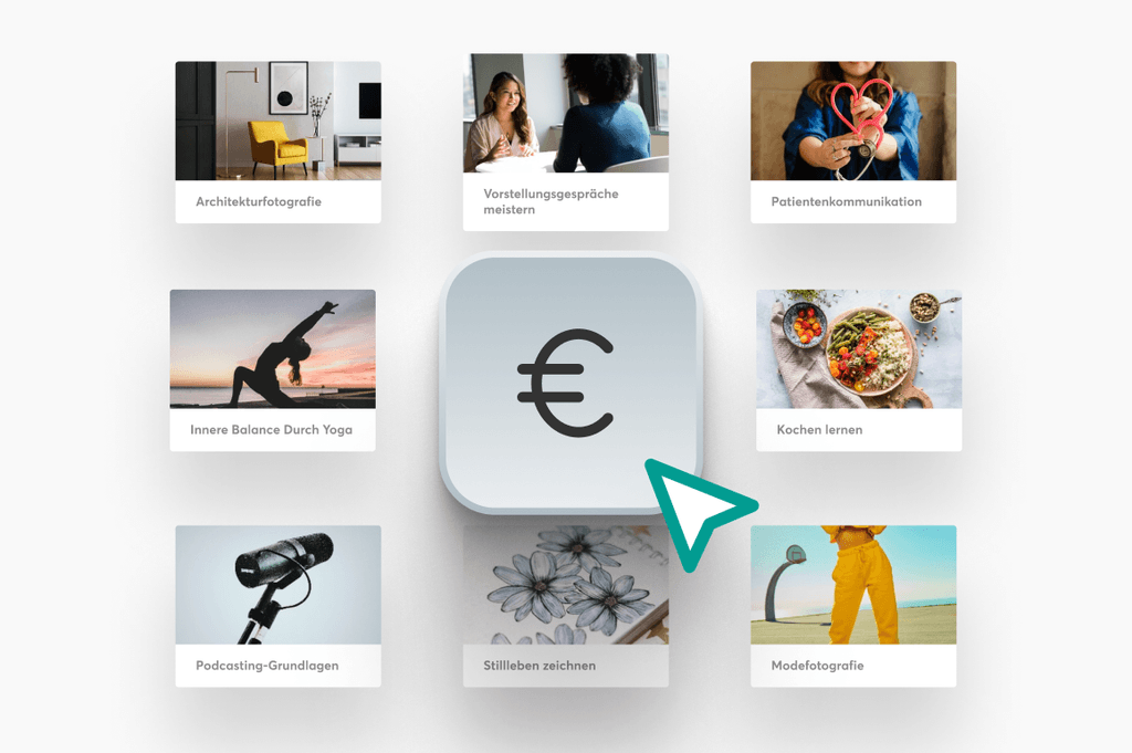 Kurskatalog mit Online-Kursen zu Fotografie, Yoga und Kochen, in der Mitte ein Euro-Symbol.