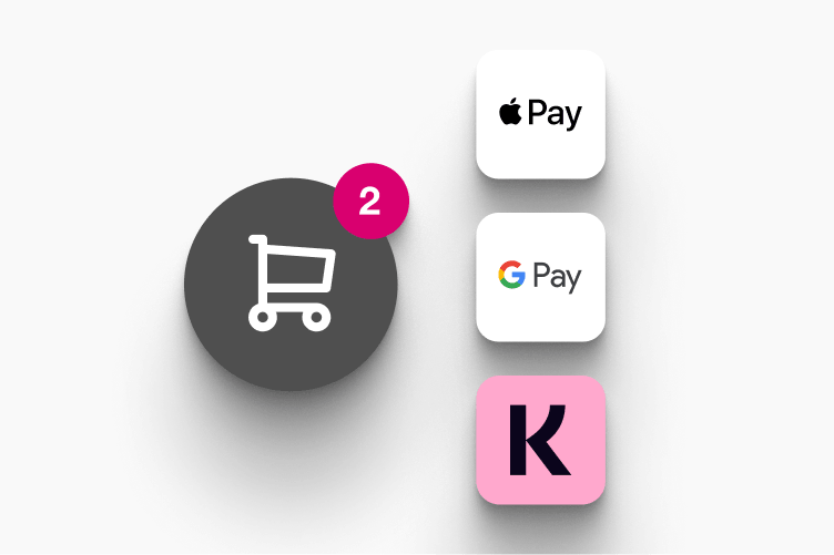 Warenkorb mit zwei Artikeln, daneben Apple Pay, Google Pay und Klarna.
