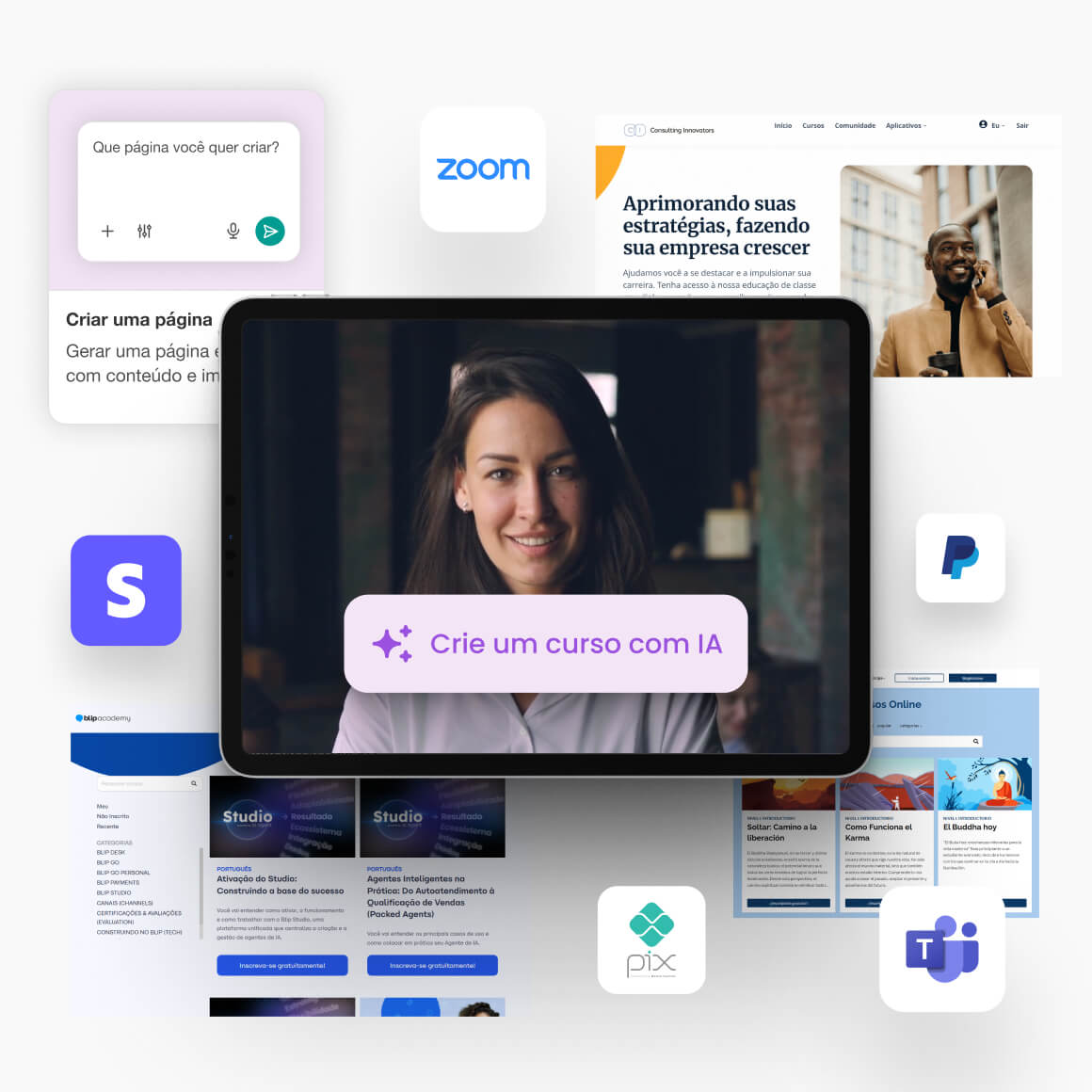Criação de cursos com IA na LearnWorlds, com exemplos de academias e integrações com Zoom, Stripe, PayPal, Pix e Microsoft Teams