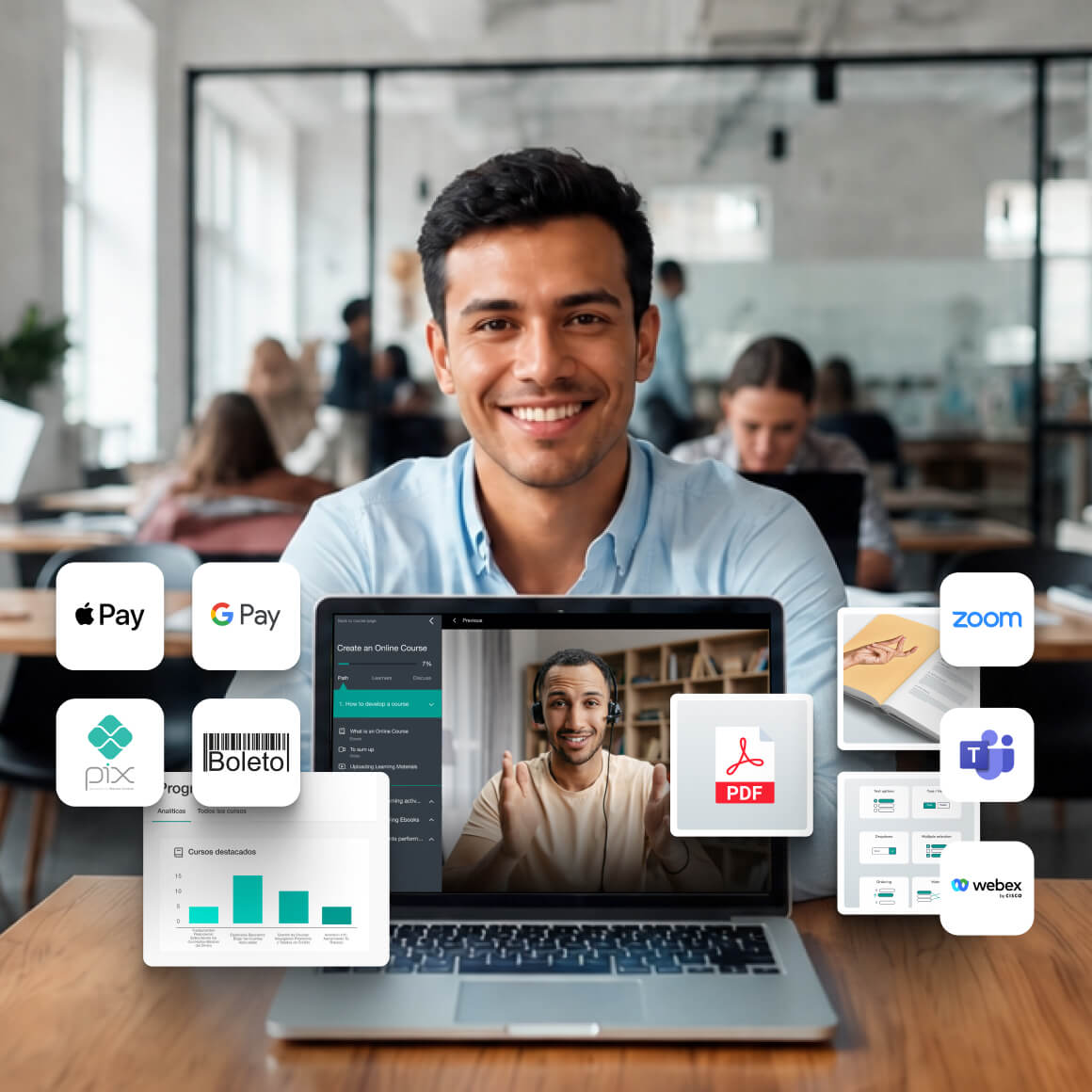 Gestor sorrindo diante de um curso online na plataforma LMS, com ícones de pagamentos e videoconferência