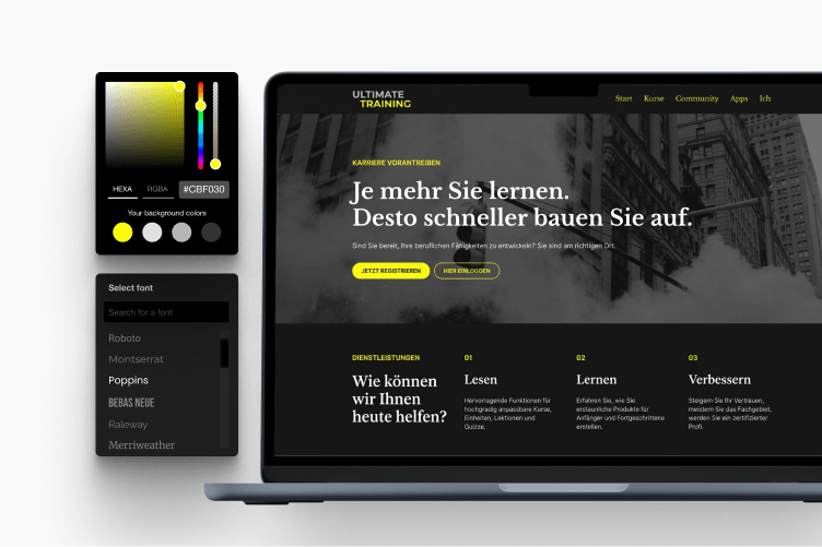 Akademie-Website im eigenen Design mit Farbwähler und Schriftauswahl.