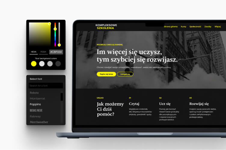 Kreator stron internetowych LearnWorlds wyświetlający przykładową stronę szkoły online na laptopie oraz panel do edycji wyglądu strony.