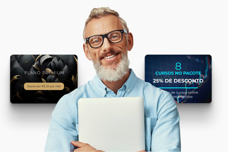 Homem com notebook entre ofertas de assinatura mensal e pacote de cursos com desconto