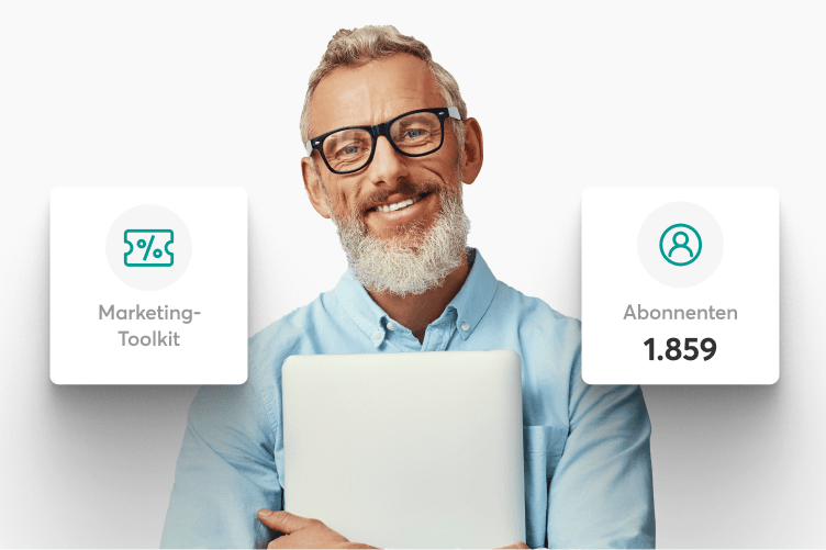 Lächelnder Mann mit Laptop, daneben Marketing-Toolkit und 1.859 Abonnenten.