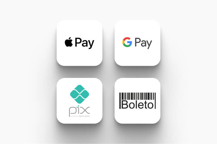 Métodos de pagamento Apple Pay, Google Pay, Pix e boleto