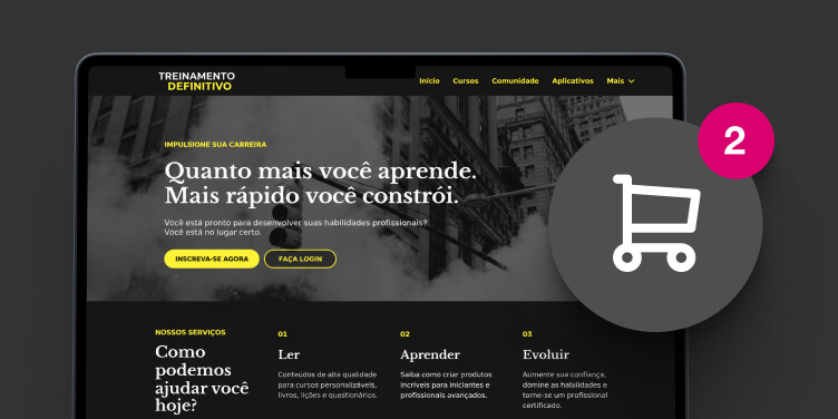 Site de uma escola na LearnWorlds com carrinho de compras