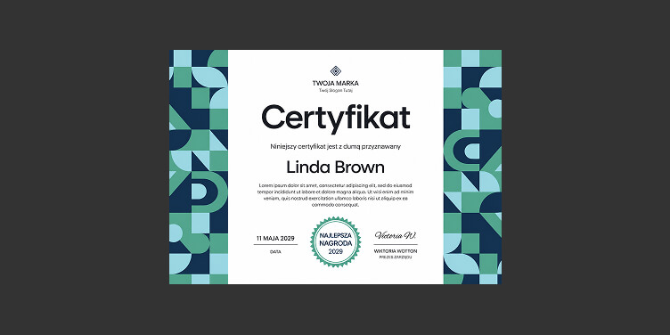 Przykładowy certyfikat ukończenia kursu wygenerowany na platformie LearnWorlds.