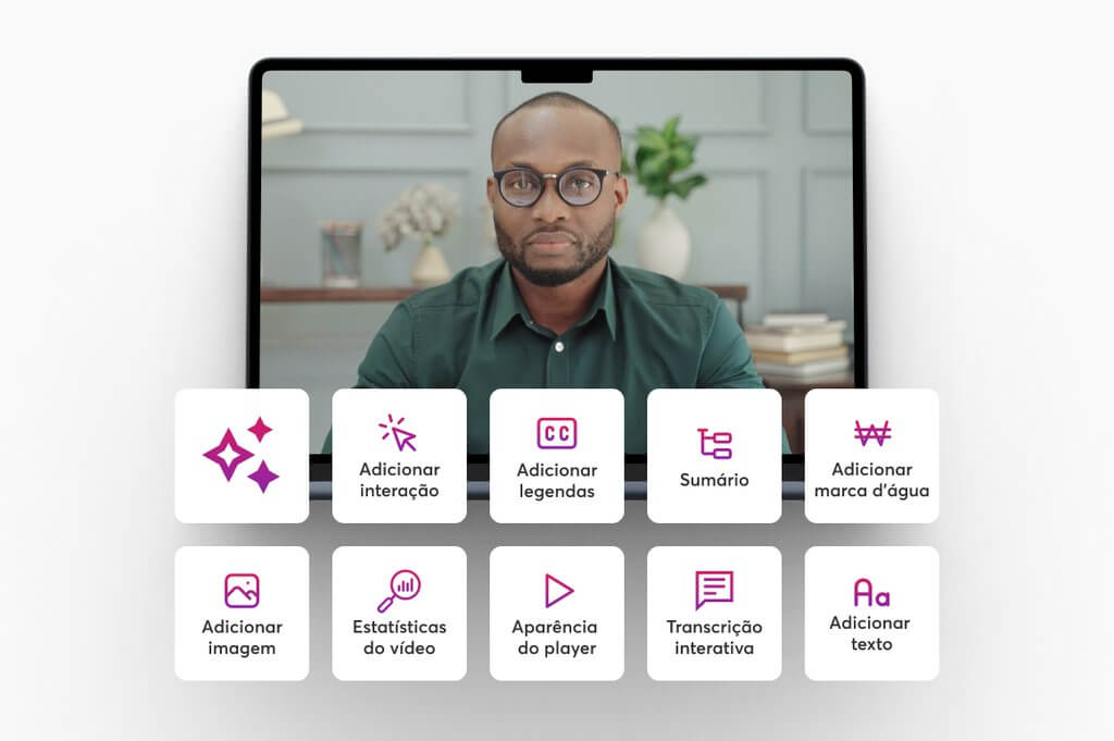 Ferramentas de vídeo interativo da LearnWorlds: interações, legendas, sumário e transcrição